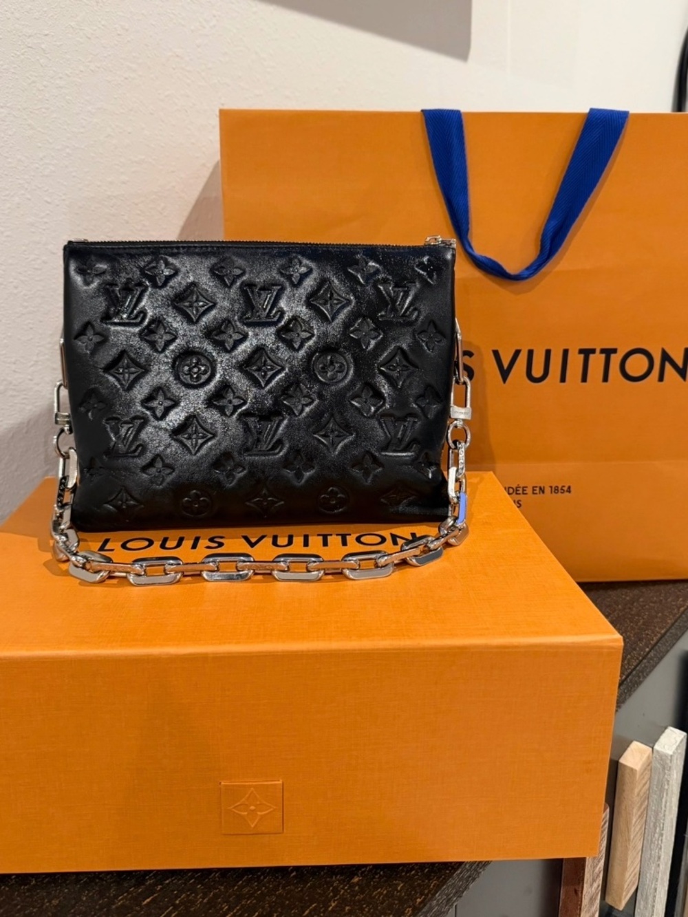 AUTHENTIC Louis Vuitton Coussin PM Black Monogram Lambskin Chain Bag